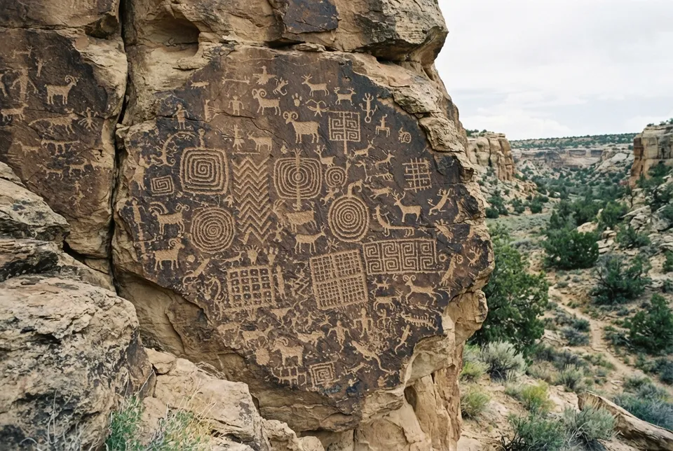 Grabados rupestres ancestrales en piedra del Gran Chaco con motivos geométricos y animales.