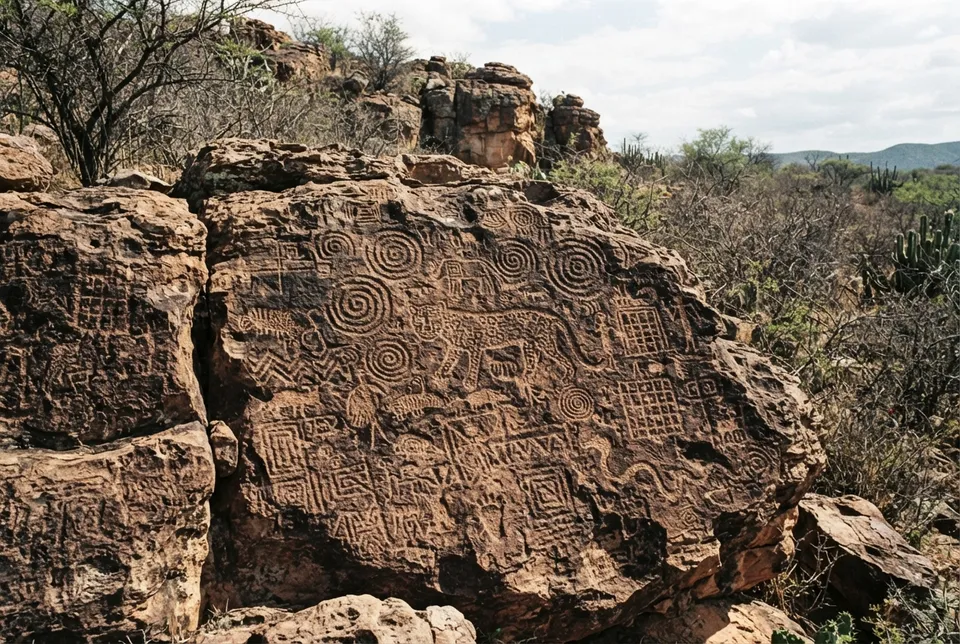 Petroglifos antiguos en afloramiento rocoso del Gran Chaco con formas geométricas y animales.