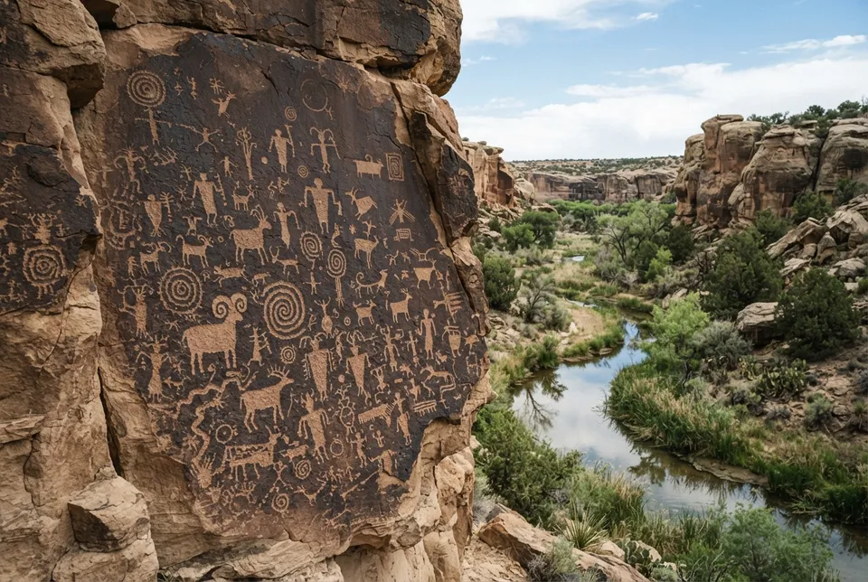 Sitio de arte rupestre en el Gran Chaco cercano a fuentes de agua con grabados visibles.