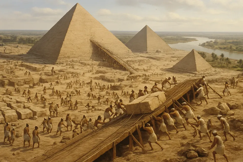 Vista realista de las pirámides de Egipto en construcción en el valle del Nilo hacia 2600-2500 a. C.