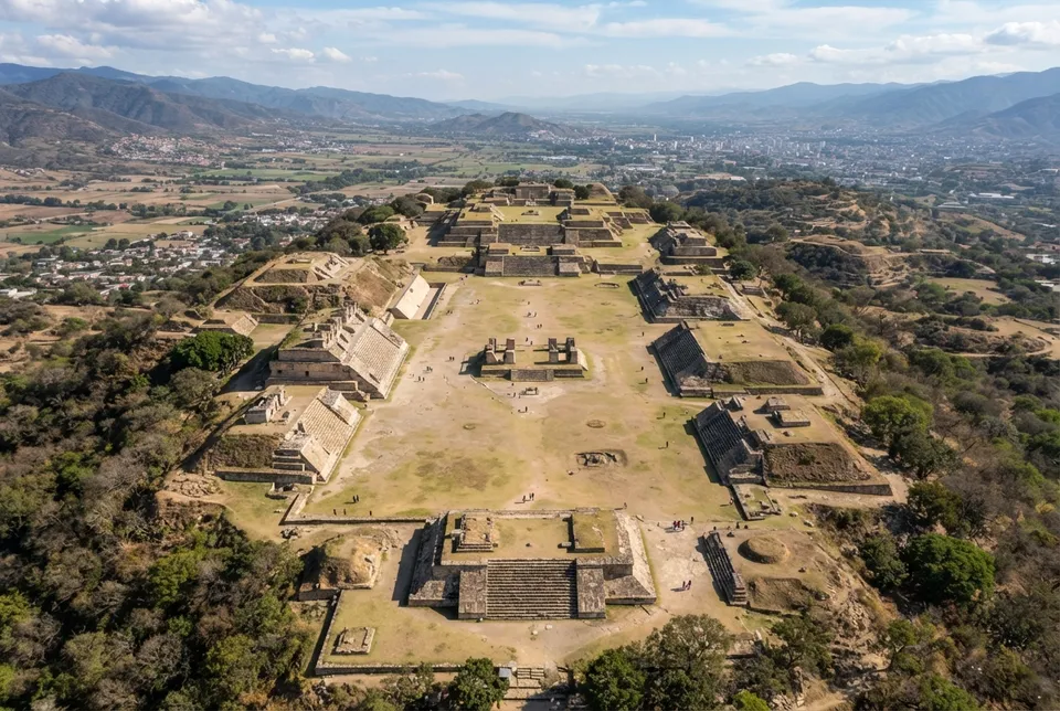 Vista aérea realista de las plazas centrales y plataformas de Monte Albán, Oaxaca, México