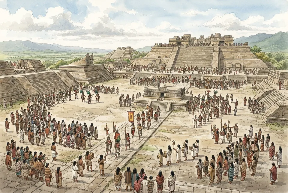 Ilustración documental del principal plaza cívica de Monte Albán con templos y plataformas durante un ritual público.