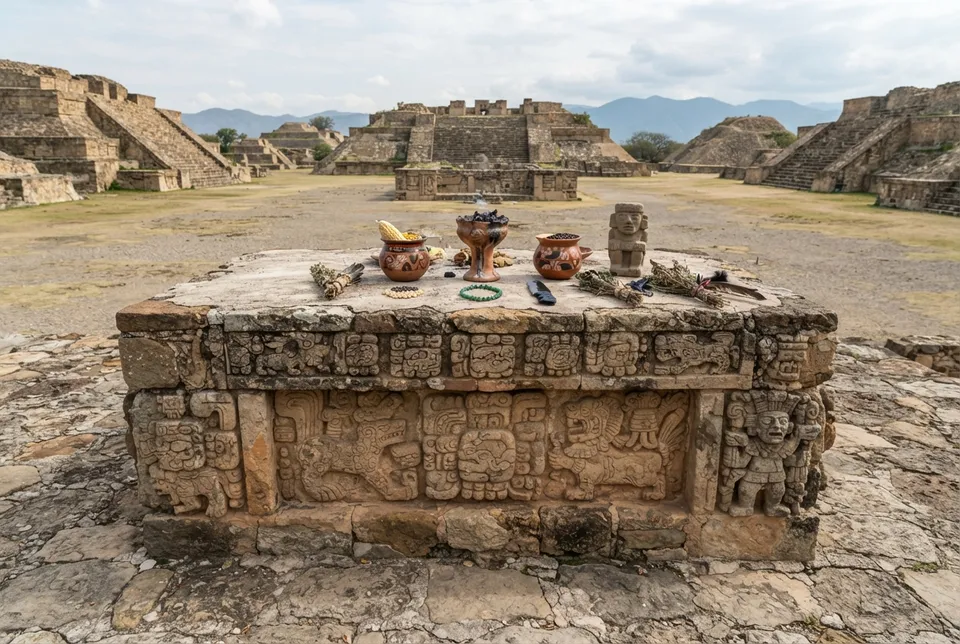 Ilustración realista de un altar ritual zapoteca en una plaza de Monte Albán con tallados y objetos ceremoniales.