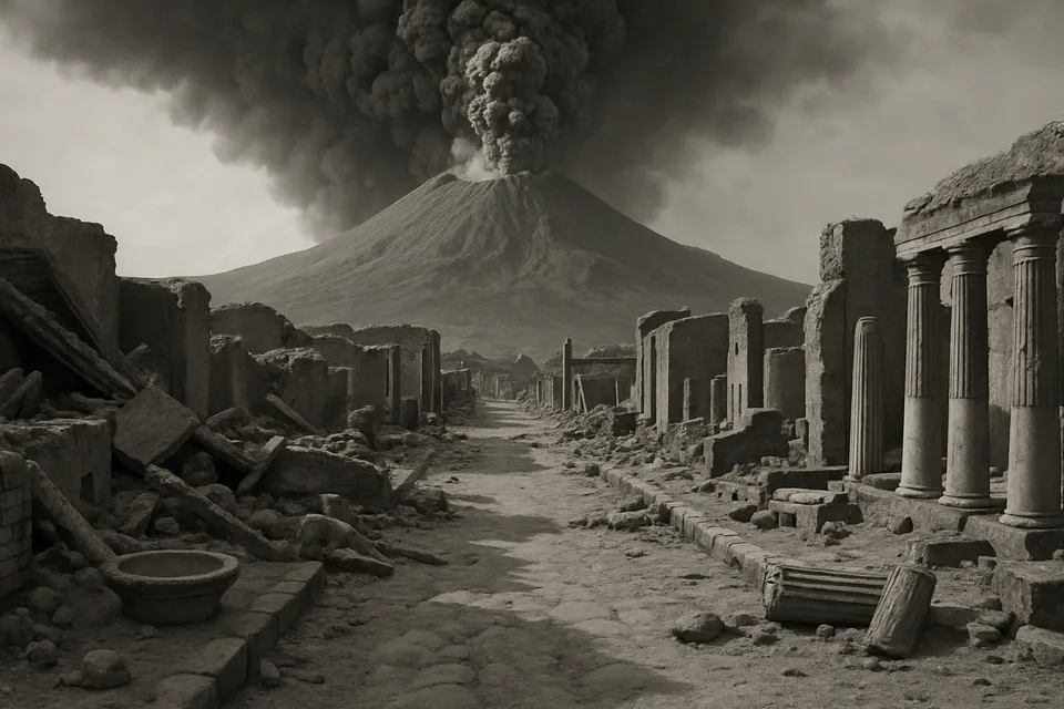 Ruinas arqueológicas de Pompeya y Herculano cubiertas por ceniza volcánica junto al monte Vesubio en erupción