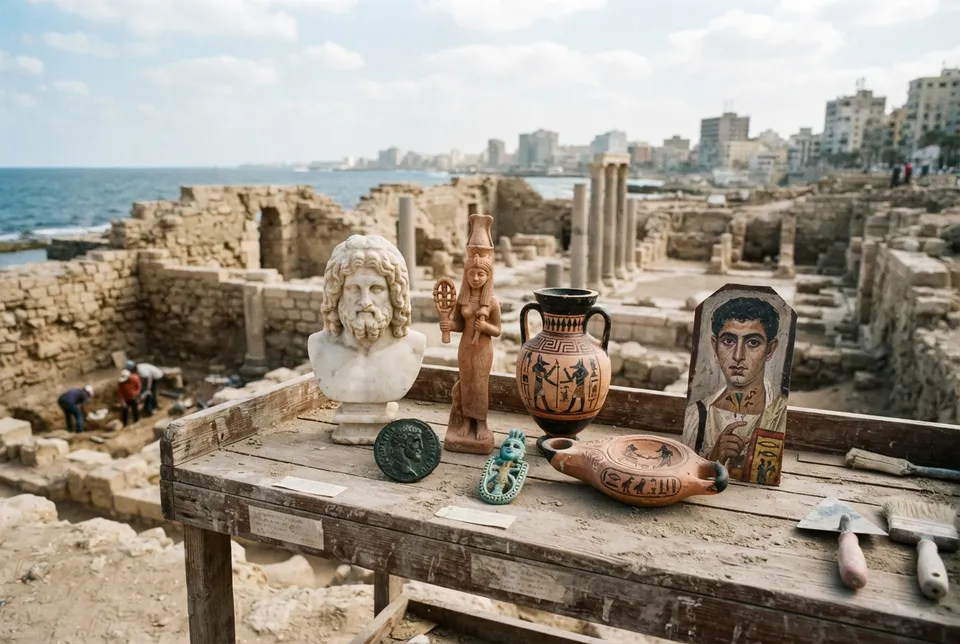 Artefactos arqueológicos del Egipto romano mostrando el sincretismo cultural en Alejandría.