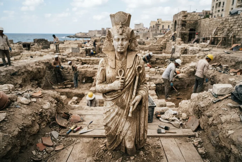 Escultura sincrética que mezcla elementos romanos y egipcios hallada en Alejandría.