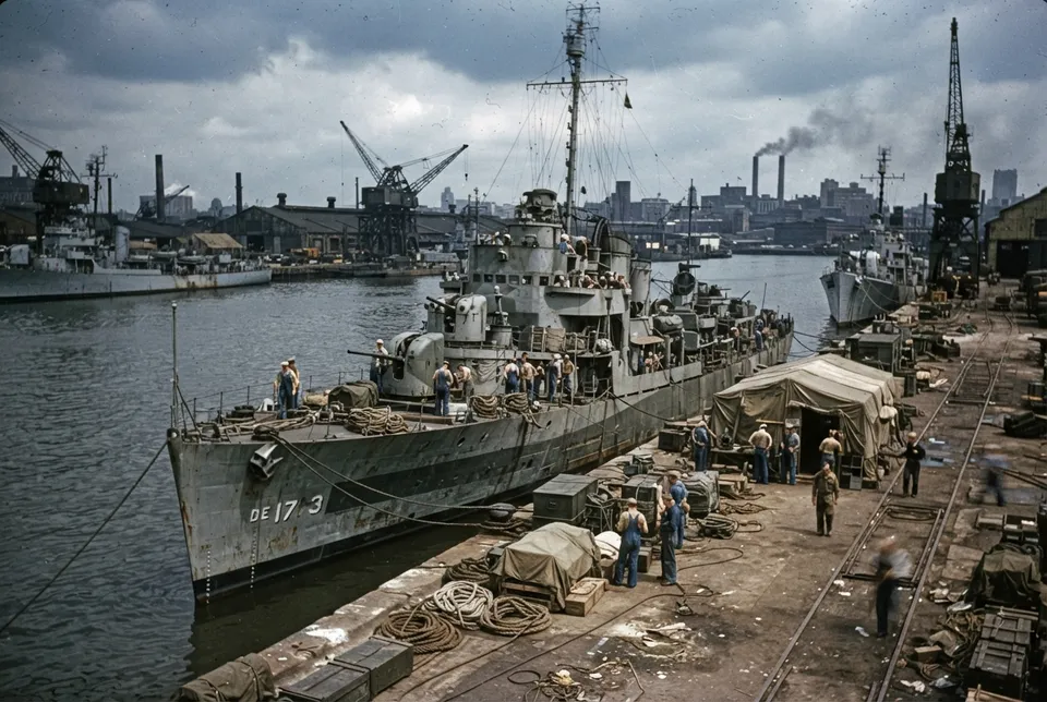 El USS Eldridge, un destructor escolta de la Segunda Guerra Mundial en un puerto