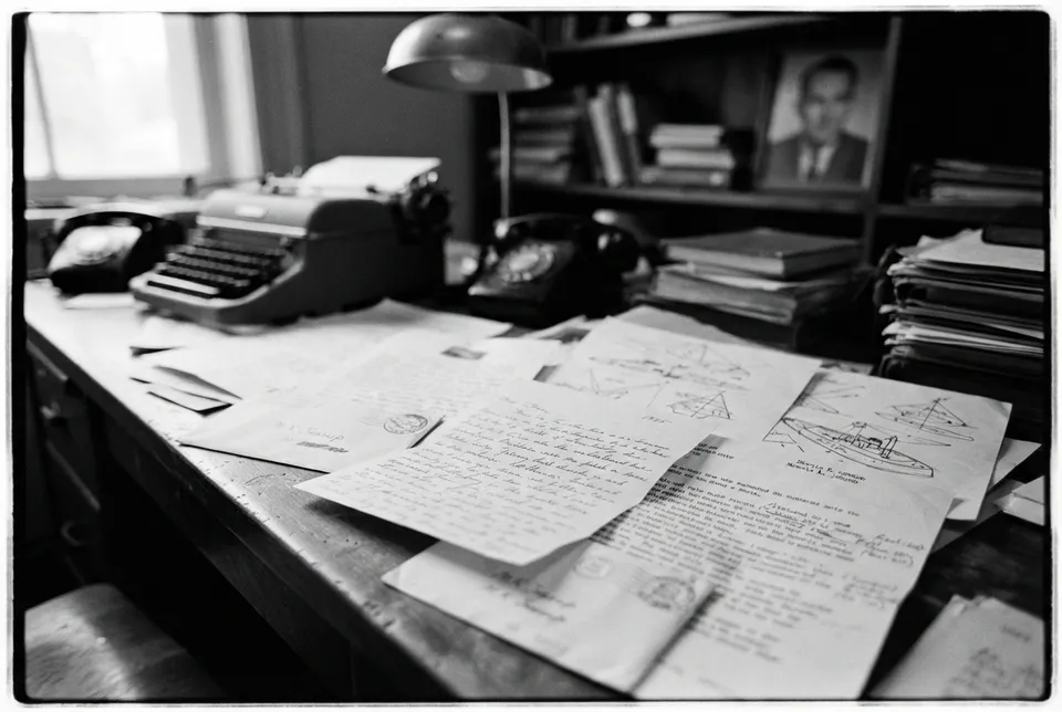 Foto en estilo documental de Morris K. Jessup y cartas relacionadas con el Proyecto Filadelfia