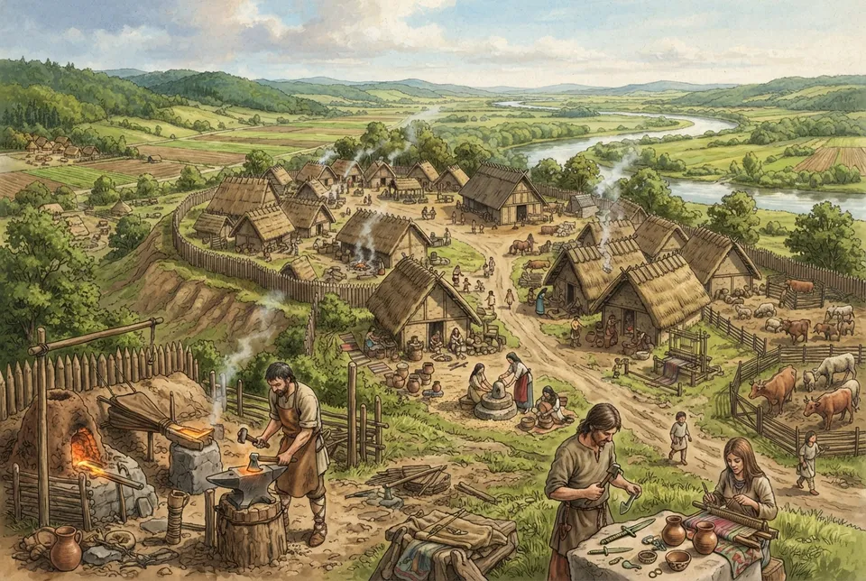 Ilustración realista de un poblado de la cultura Únetice con artesanos trabajando el bronce y viviendas dispersas.
