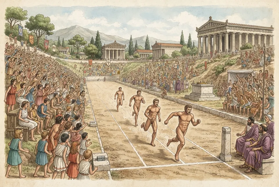 Estadio de los Juegos Olímpicos en Olympia, con atletas compitiendo y espectadores observando.