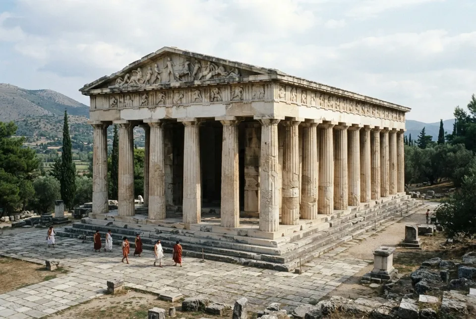 Templo de Zeus en Olympia con sus esculturas y arquitectura característica de la época clásica.