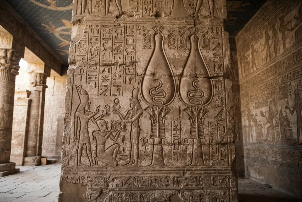Relieve del artefacto Dendera en el templo egipcio, con símbolos y motivos detallados del Egipto Tardío.