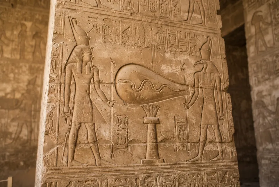 Detalle del relieve del artefacto Dendera con loto y serpientes en el templo de Dendera.