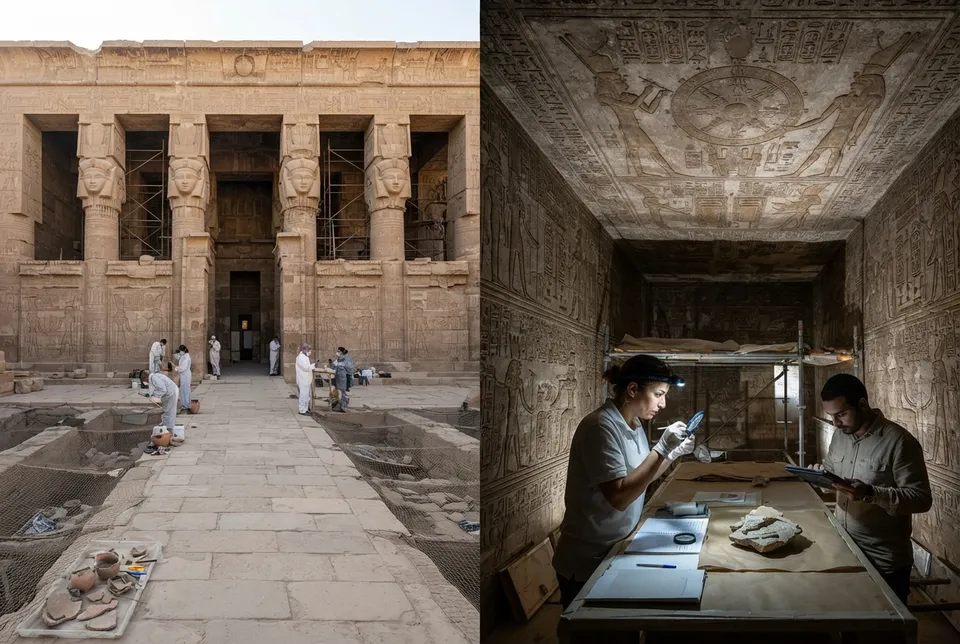 Vista del templo de Dendera con detalles de los relieves y estudio arqueológico.