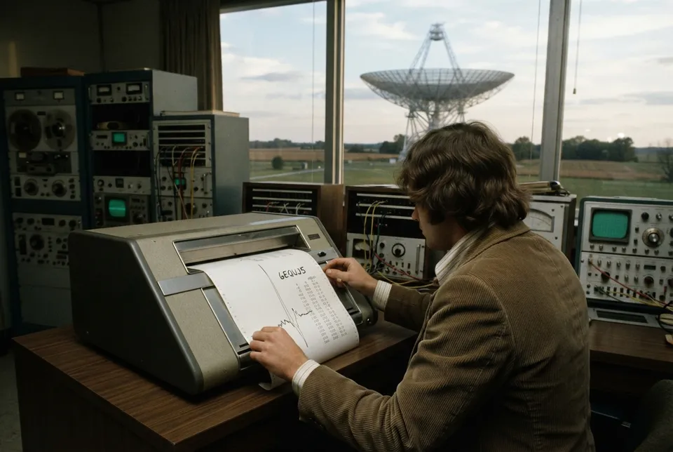 Radiotelescopio Big Ear y gráfico de la señal Wow! detectada en 1977