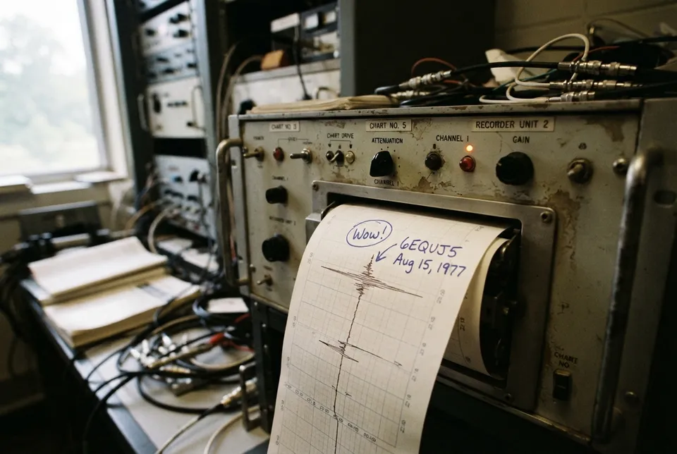Detalle del panel del radiotelescopio Big Ear con la señal Wow! registrada en 1977.