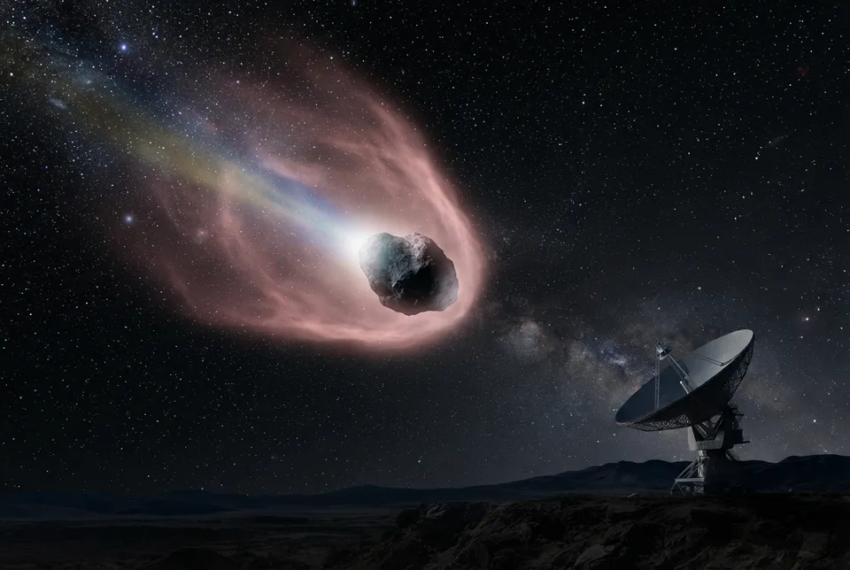 Ilustración de un cometa emitiendo hidrógeno en el espacio, posible explicación natural para la señal Wow!.
