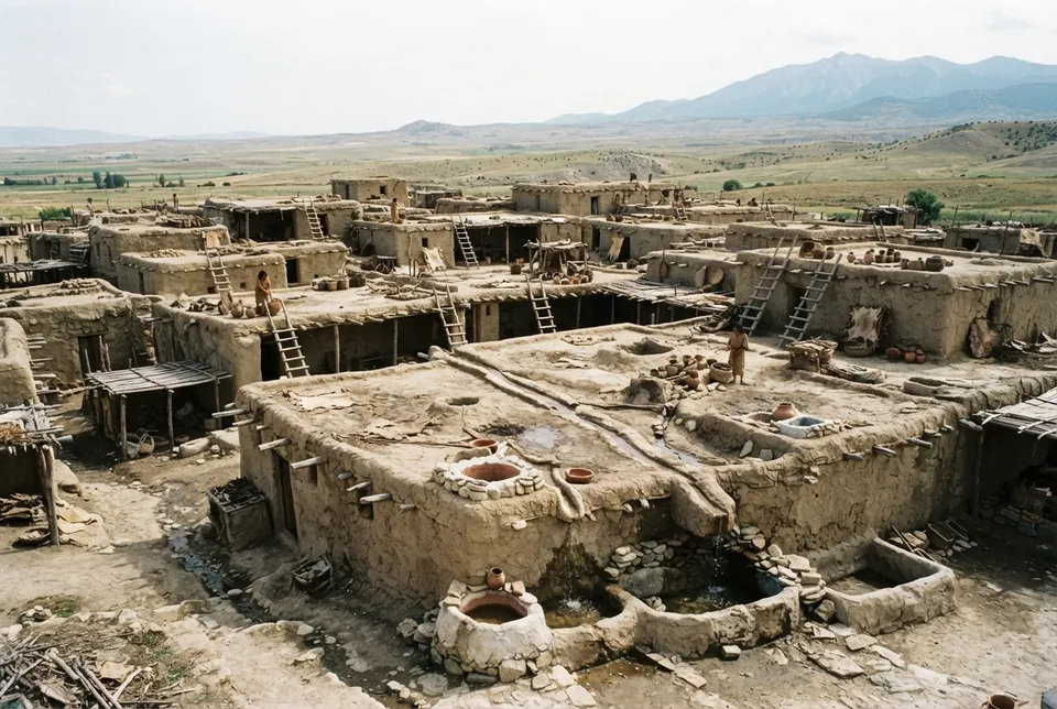 Vista realista del asentamiento de Çatalhöyük mostrando viviendas de adobe y estructuras para manejo del agua.