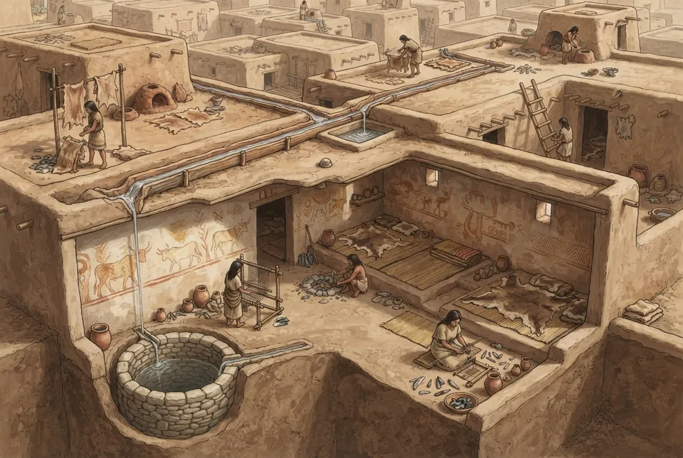 Ilustración detallada de una vivienda neolítica en Çatalhöyük con techos planos de adobe y canales de recolección de agua de lluvia.