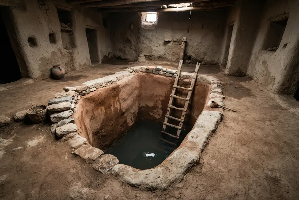 Interior de una cisterna subterránea con revestimiento impermeable en Çatalhöyük, destacando la tecnología hidráulica antigua.