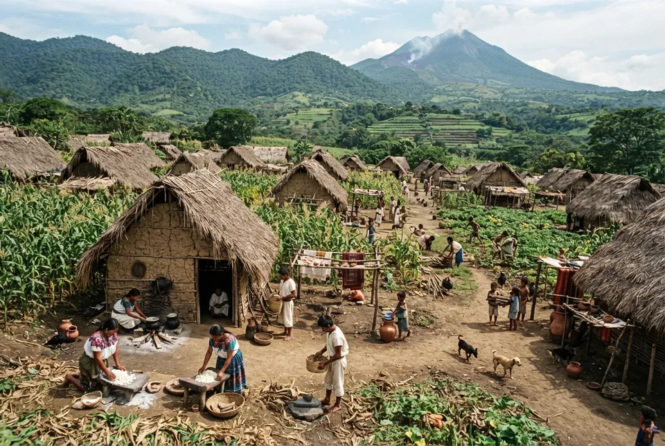 Recreación artística de un poblado agrícola maya en Joya de Cerén con casas rústicas y cultivos.
