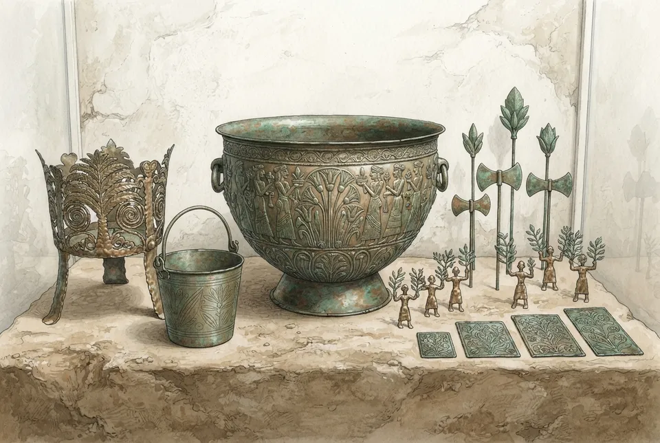 Objetos rituales micénicos de bronce con motivos de tallos, usados en prácticas religiosas