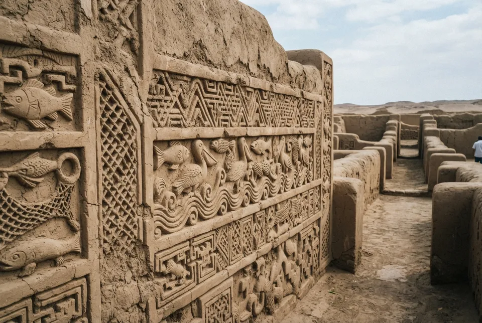 Murallas decoradas con relieves en bajorrelieve de motivos marinos en Chan Chan, Perú.