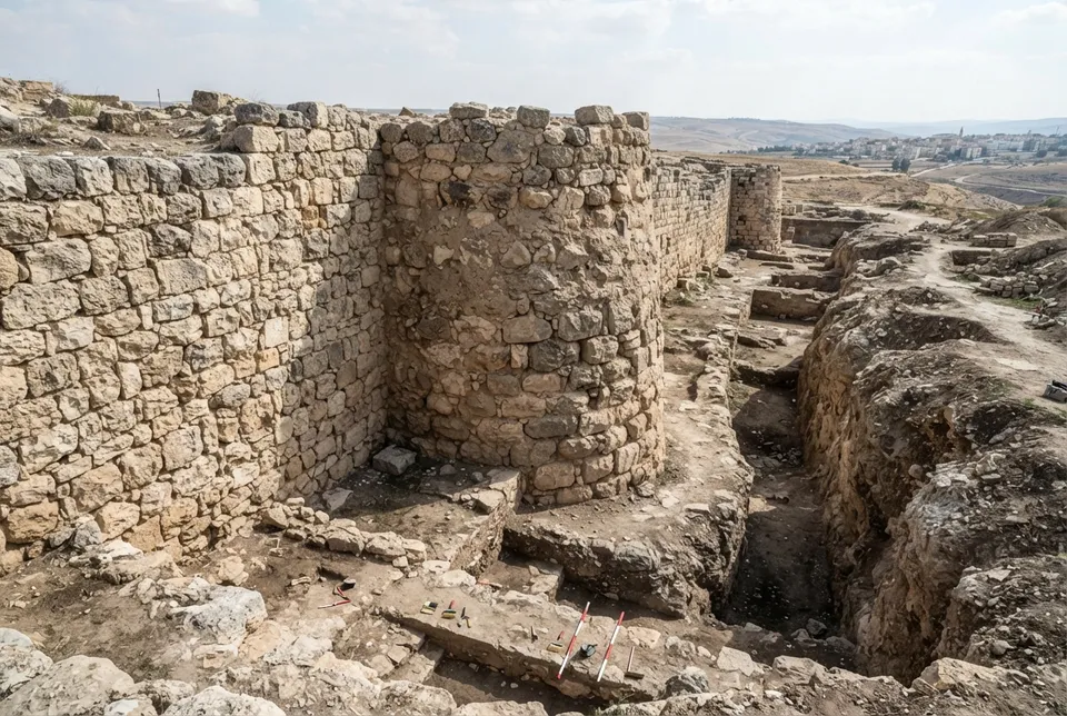Detalle de la muralla neolítica de Jericó con torre y foso defensivo.