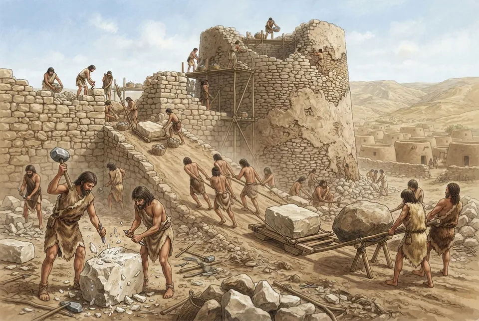 Recreación artística del proceso constructivo de las murallas de Jericó en el Neolítico.