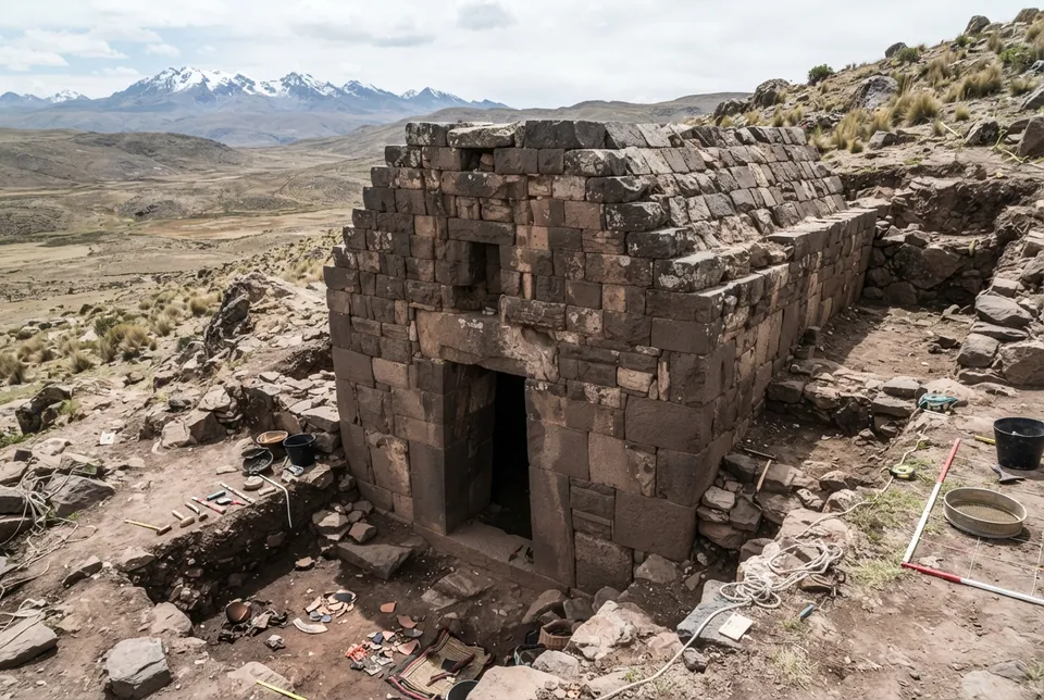 Cámara funeraria de piedra con mampostería precisa en sitio arqueológico de Tiwanaku.