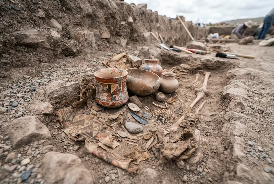 Ofrendas cerámicas y textiles en contexto funerario de Tiwanaku.