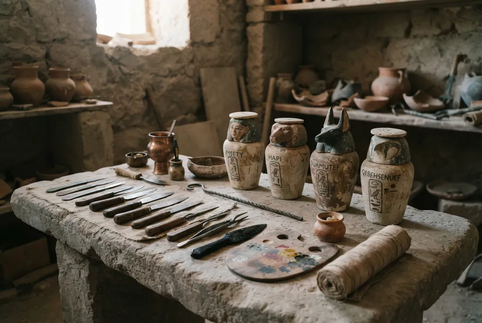 Herramientas de momificación y vasos canopos usados en el antiguo Egipto.