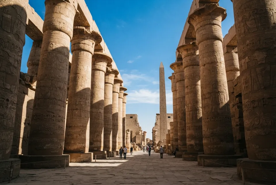 Templo de Karnak en Luxor con columnas y obeliscos en ruinas monumentales del Imperio Nuevo