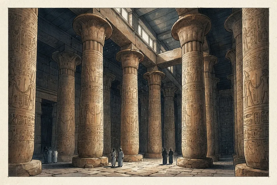 Sala hipóstila del templo de Karnak con columnas grandes y jeroglíficos.