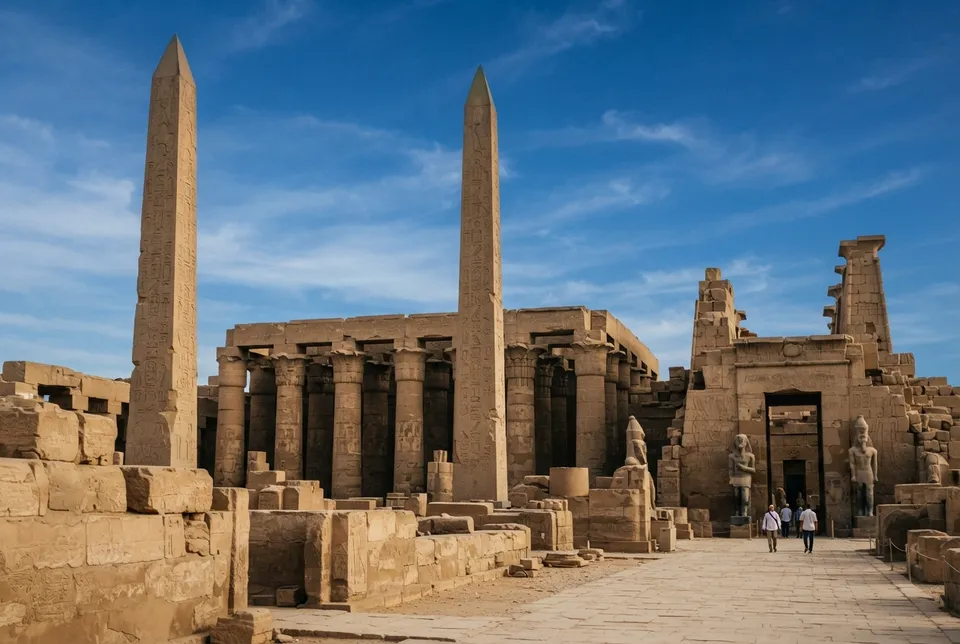 Obeliscos y santuarios en el templo de Karnak mostrando la arquitectura antigua egipcia.