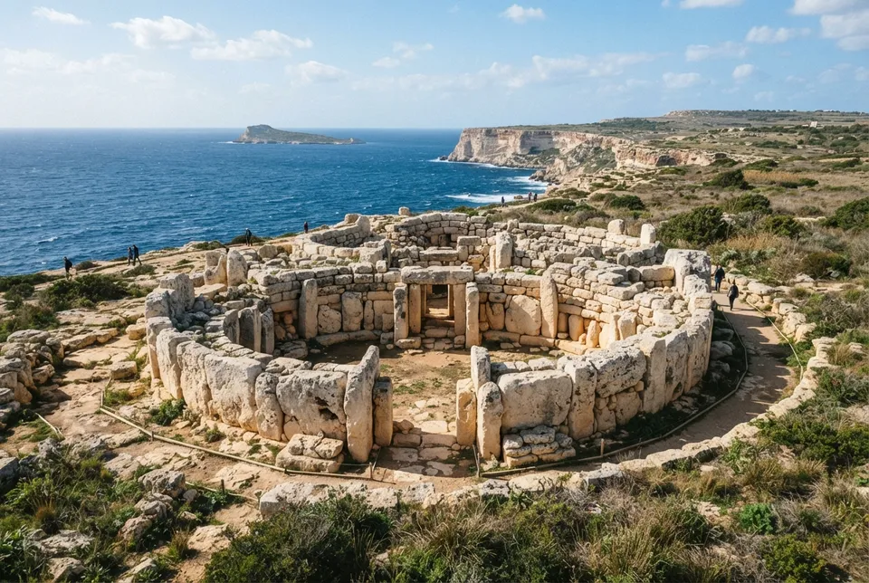 Templos megalíticos de Malta con grandes bloques de piedra caliza bajo un cielo despejado