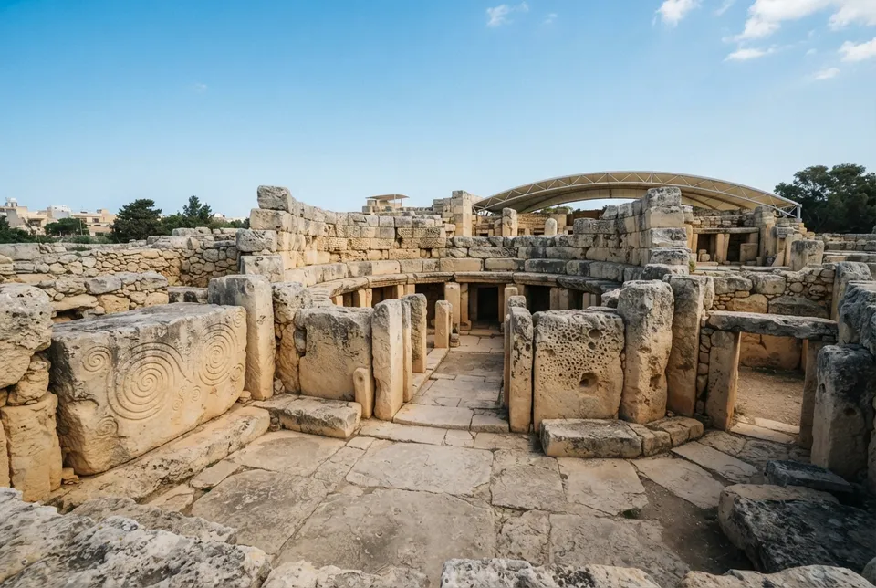 Ruinas del templo de Tarxien en Malta con cámaras semicirculares y grandes megalitos de piedra caliza