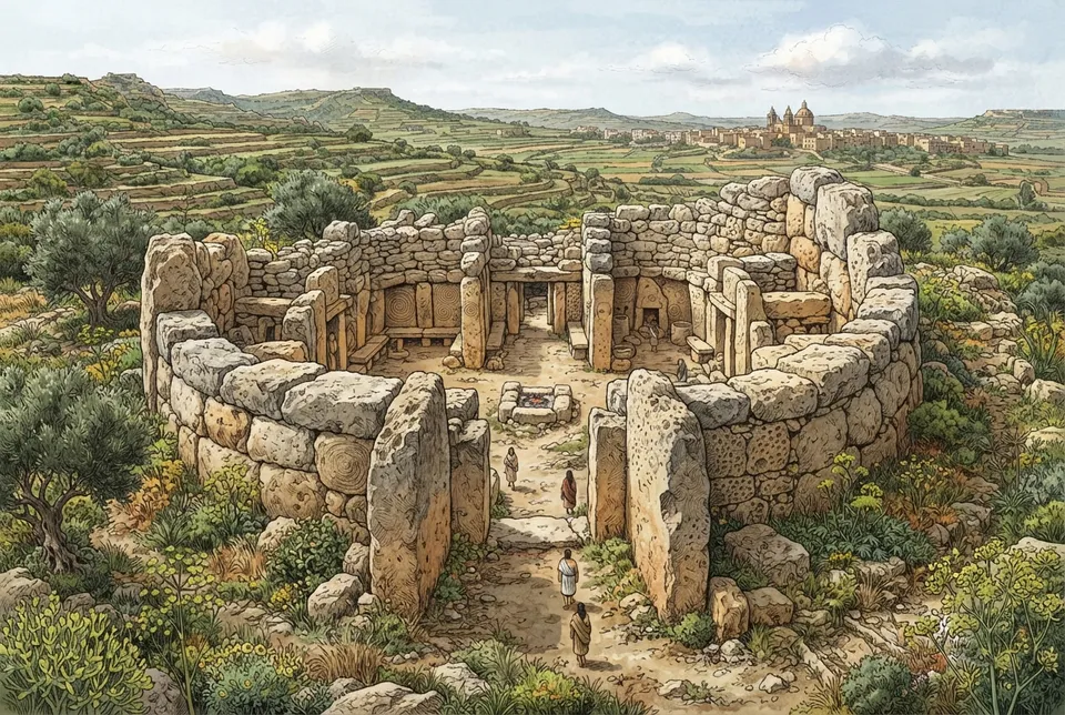 Vista de las enormes piedras del templo Ġgantija en la isla de Gozo, Malta, con vegetación mediterránea alrededor