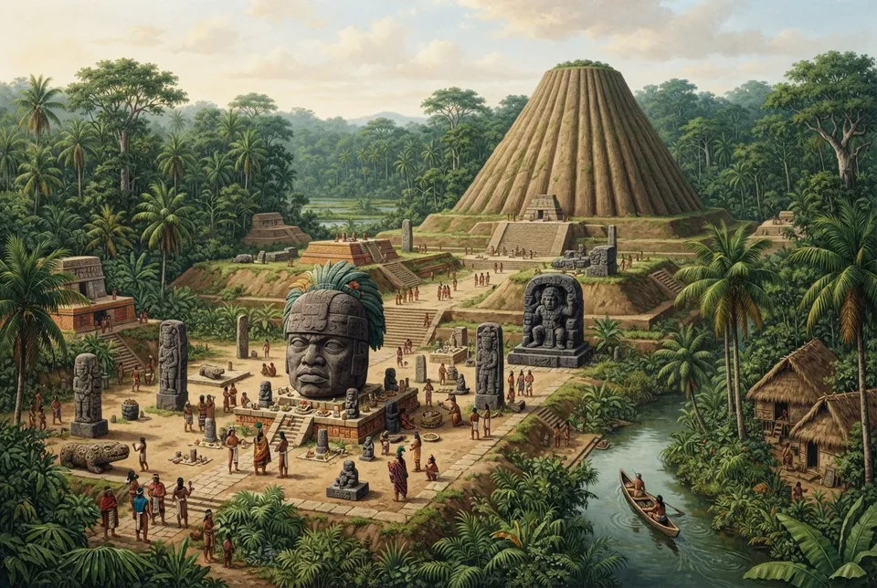 Ilustración realista de una ciudad olmeca antigua con arquitectura monumental en Mesoamérica