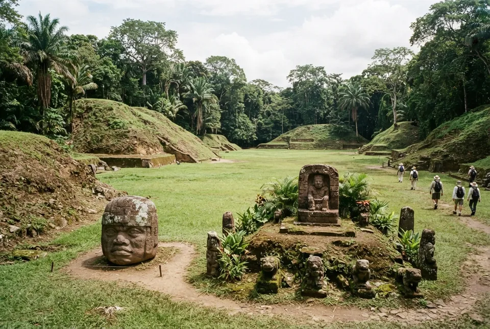 Plaza con monumentos de piedra y plataformas en sitio arqueológico olmeca