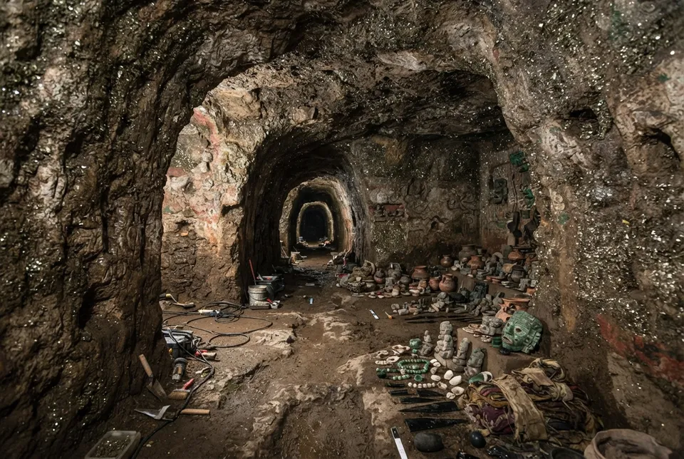 Interior del túnel subterráneo con paredes de pirita y cámaras con ofrendas en Teotihuacán