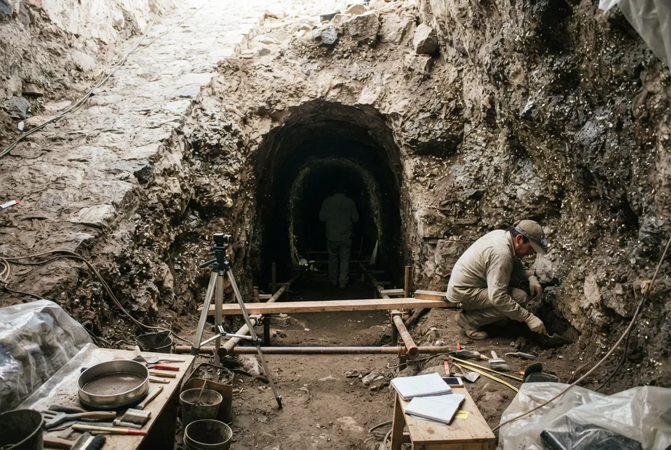 Entrada del túnel subterráneo bajo la Pirámide de la Serpiente Emplumada con muros de pirita visibles