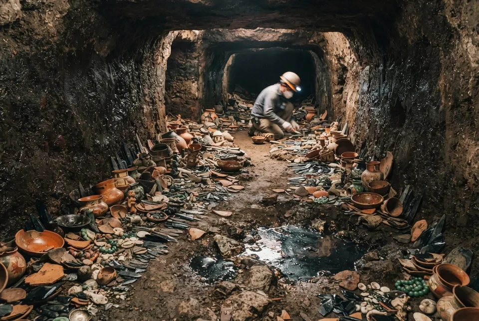 Cámara subterránea con miles de ofrendas rituales, cerámica y fragmentos de obsidiana en Teotihuacán