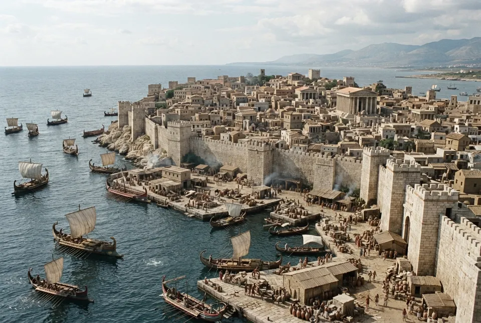 Vista ilustrada realista de una ciudad fenicia costera con puerto y murallas en la Edad del Hierro