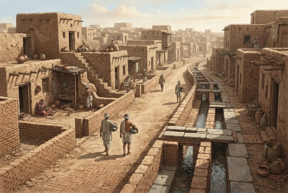 Calle pavimentada en Mohenjo-Daro con casas de ladrillos y sistema de drenaje antiguo visible