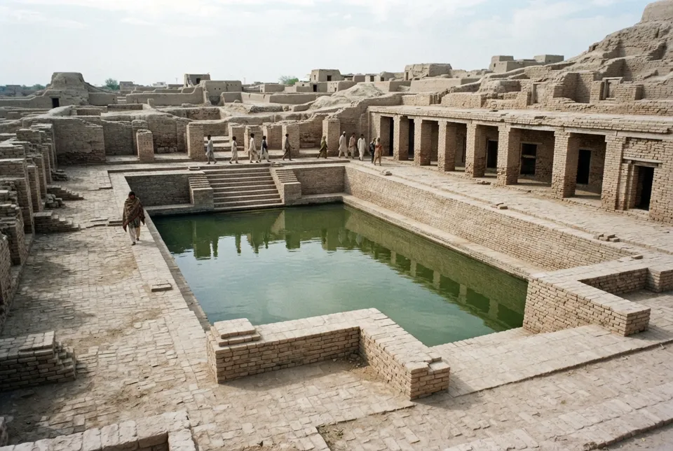 Estructura del Gran Baño en Mohenjo-Daro con piscina rectangular y escaleras