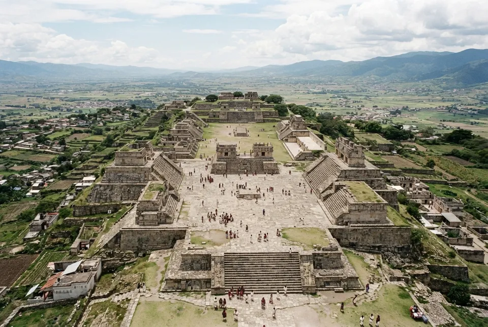 Vista panorámica de las ruinas de Monte Albán en el Valle de Oaxaca, México, mostrando sus estructuras principales y terrazas arqueológicas.