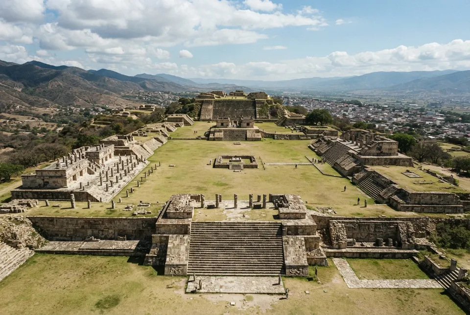 La plaza ceremonial principal de Monte Albán con templos y relieves en piedra.