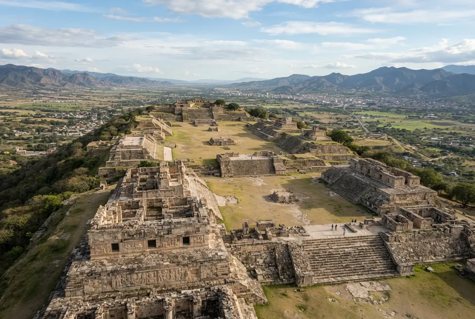 Ruinas arqueológicas de Monte Albán con terrazas y estructuras de piedra en el Valle de Oaxaca.