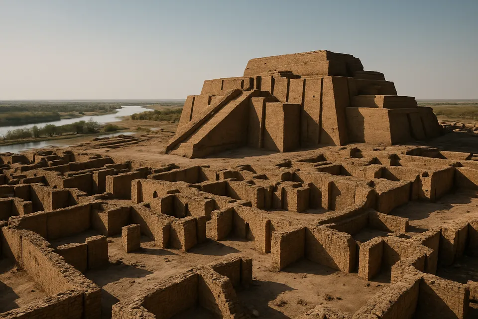 Restos arqueológicos de la ciudad antigua de Uruk en Mesopotamia, con zigurats y murallas visibles